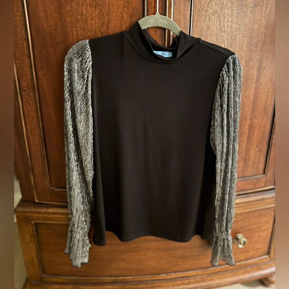Ladies festive top - black with sparkly silver long sleeves.